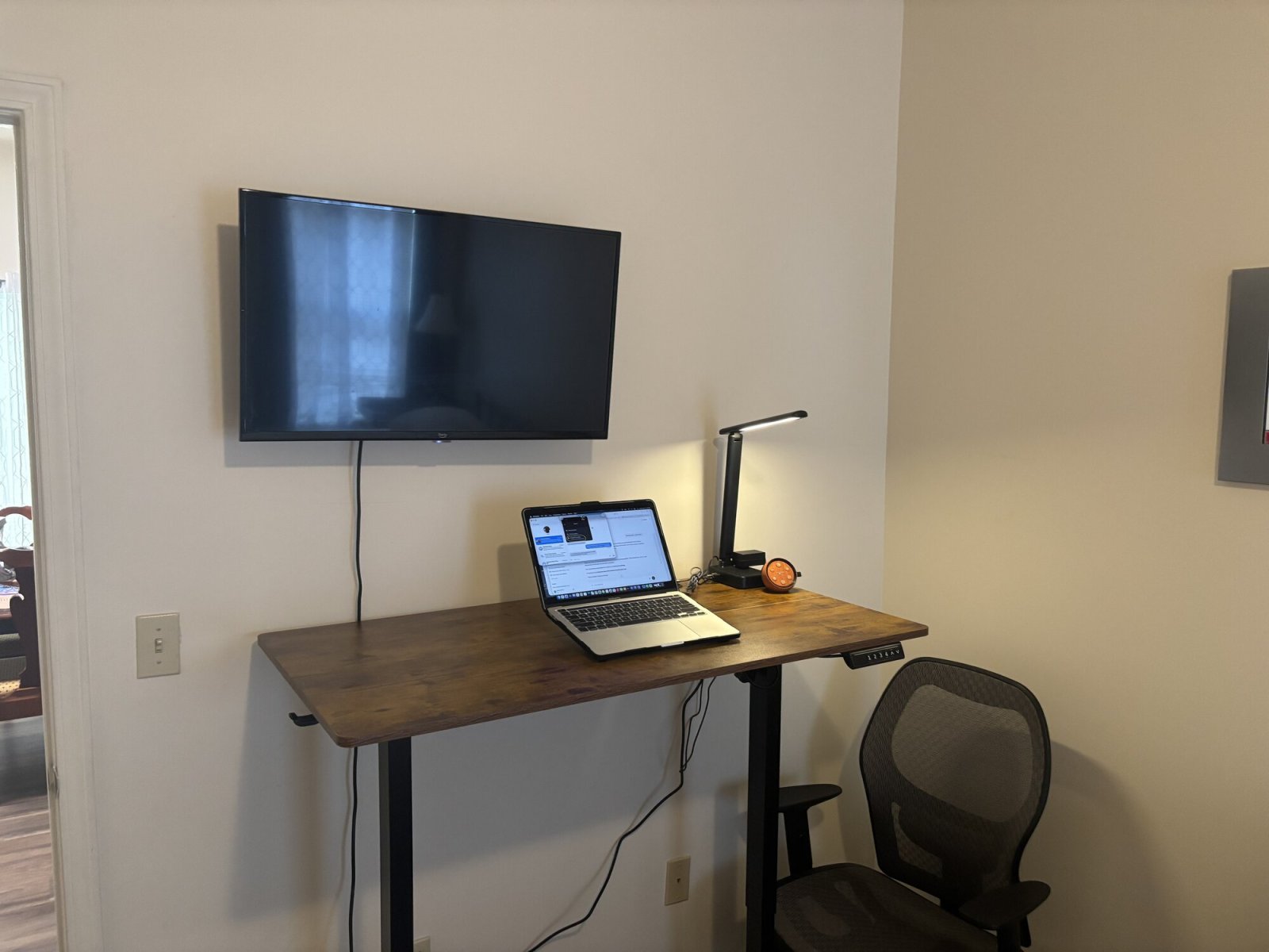 Work Space Includes a Motorized Standing Desk, USB-C dock, and HDMI cable. Bring your laptop and plug in for dual screen work on the go making life easy